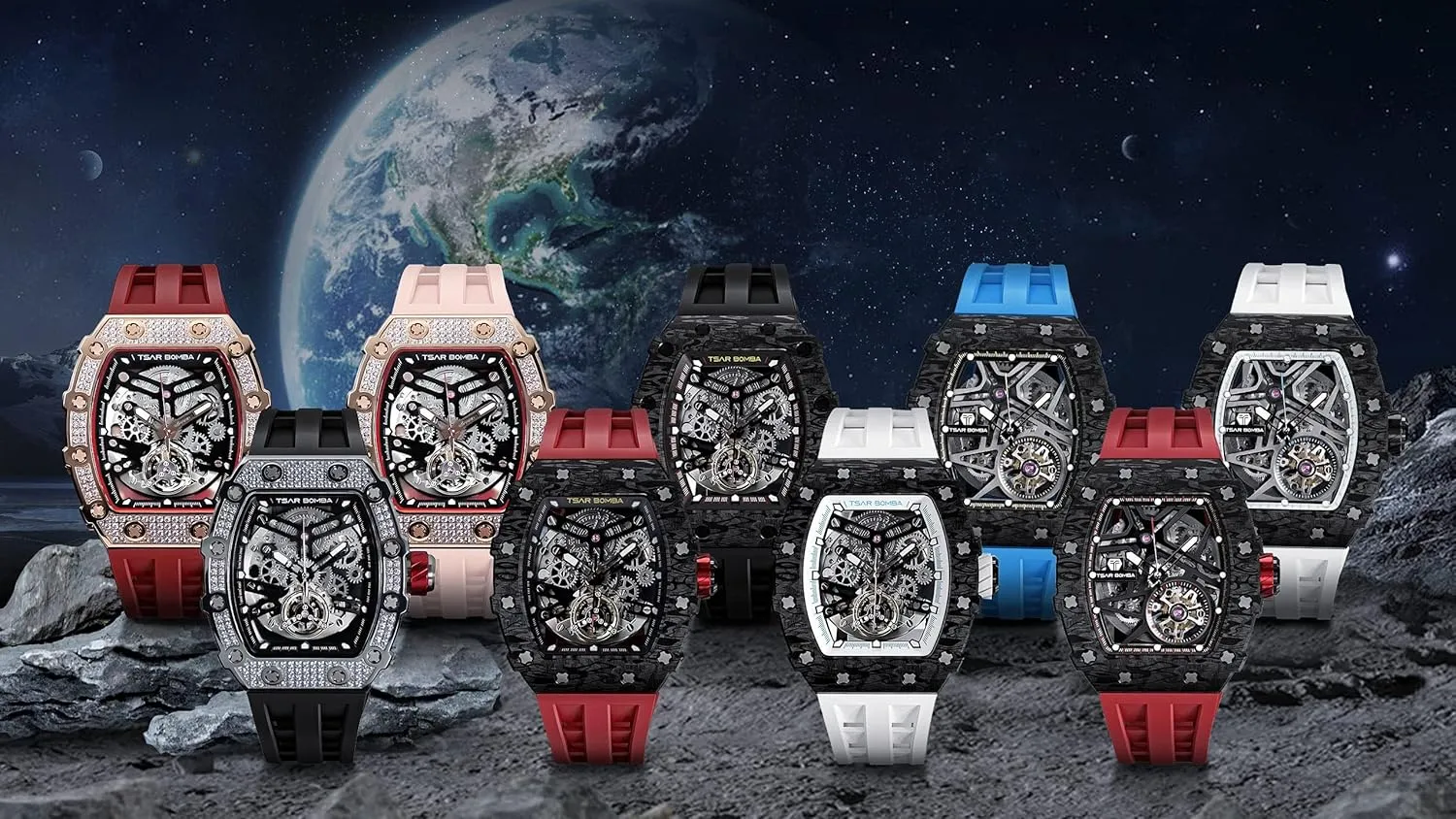 Skeleton Mechanical Tonneau Big Face Dial Black Watch with Silicone Watch Bands, Gifts for Men Watch for Men, 50M Waterproof Automatic plastic anymore Mens Watch, 