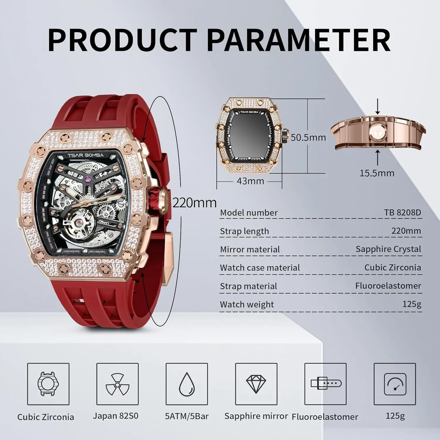 Skeleton Mechanical Tonneau Big Face Dial Black Watch with Silicone Watch Bands, Gifts for Men Watch for Men, 50M Waterproof Automatic plastic anymore Mens Watch, 