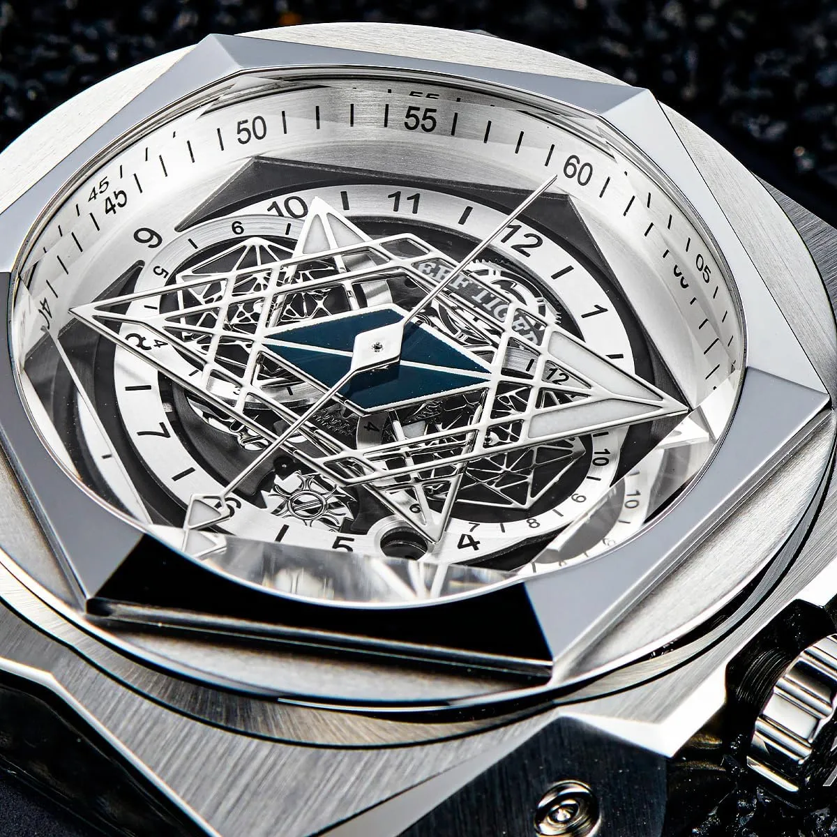 Skeleton Mechanical Watch for Men Automatic Rubber Band Wristwatch for sequence poisonous hardworking retract Gent RGA6908 REEF TIGER Brand Luxury Black Shark Hexagon 