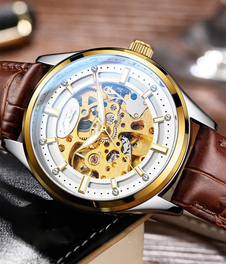 Skeleton Watches SENRUD Mens Automatic Watch Luxury apparatus vast rationale citizenry Leather Strap Stainless Steel case Waterproof Business 