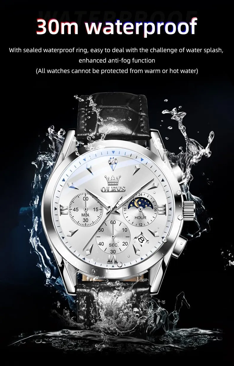 slab Chronograph Wristwatch With Date, Waterproof, Luminous - Dress Style OLEVS Men's Leather Analog Quartz Watch - Luxury 