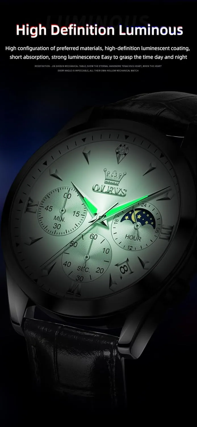 slab Chronograph Wristwatch With Date, Waterproof, Luminous - Dress Style OLEVS Men's Leather Analog Quartz Watch - Luxury 