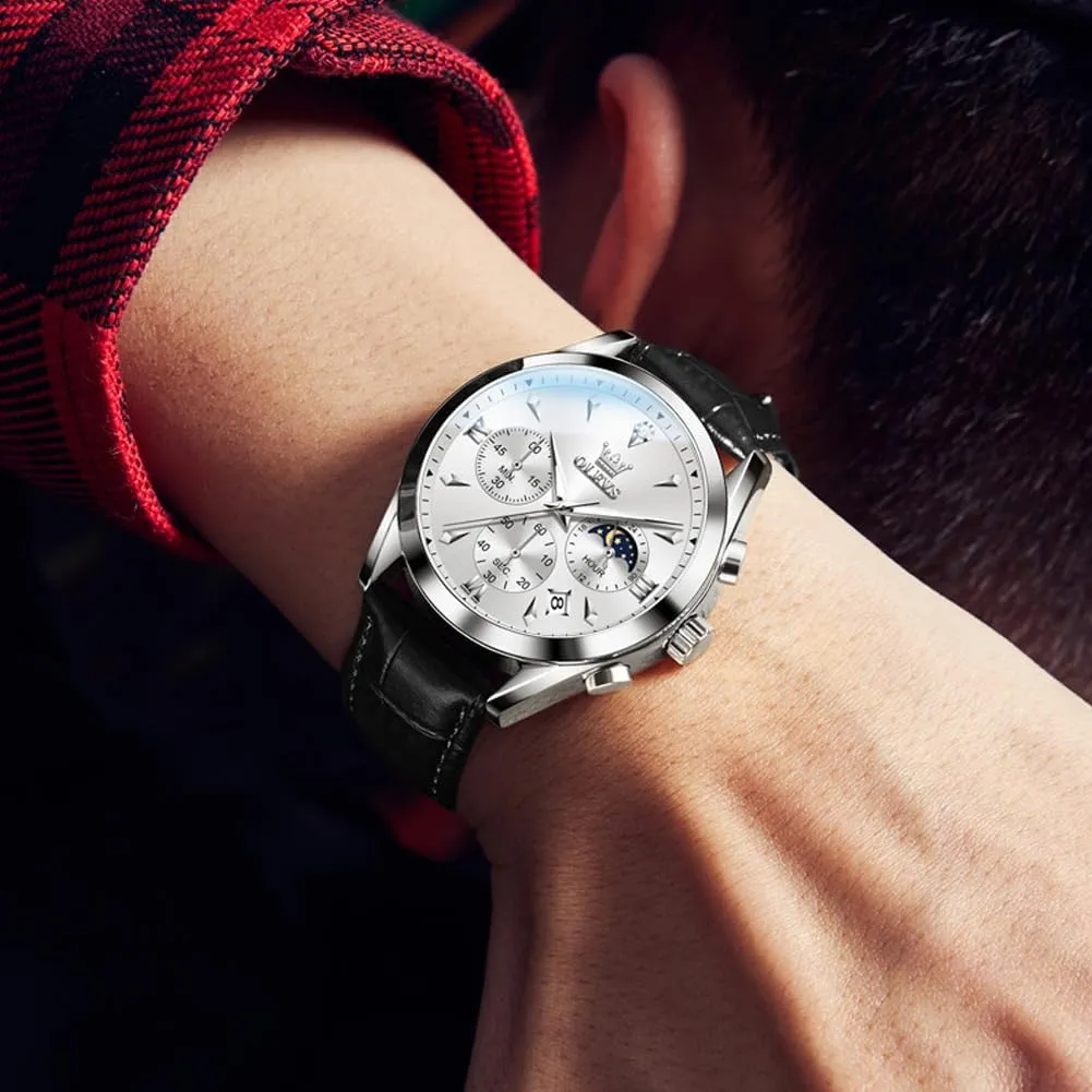 slab Chronograph Wristwatch With Date, Waterproof, Luminous - Dress Style OLEVS Men's Leather Analog Quartz Watch - Luxury 