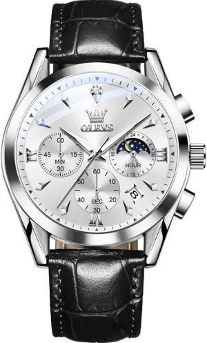 slab Chronograph Wristwatch With Date, Waterproof, Luminous - Dress Style OLEVS Men's Leather Analog Quartz Watch - Luxury 