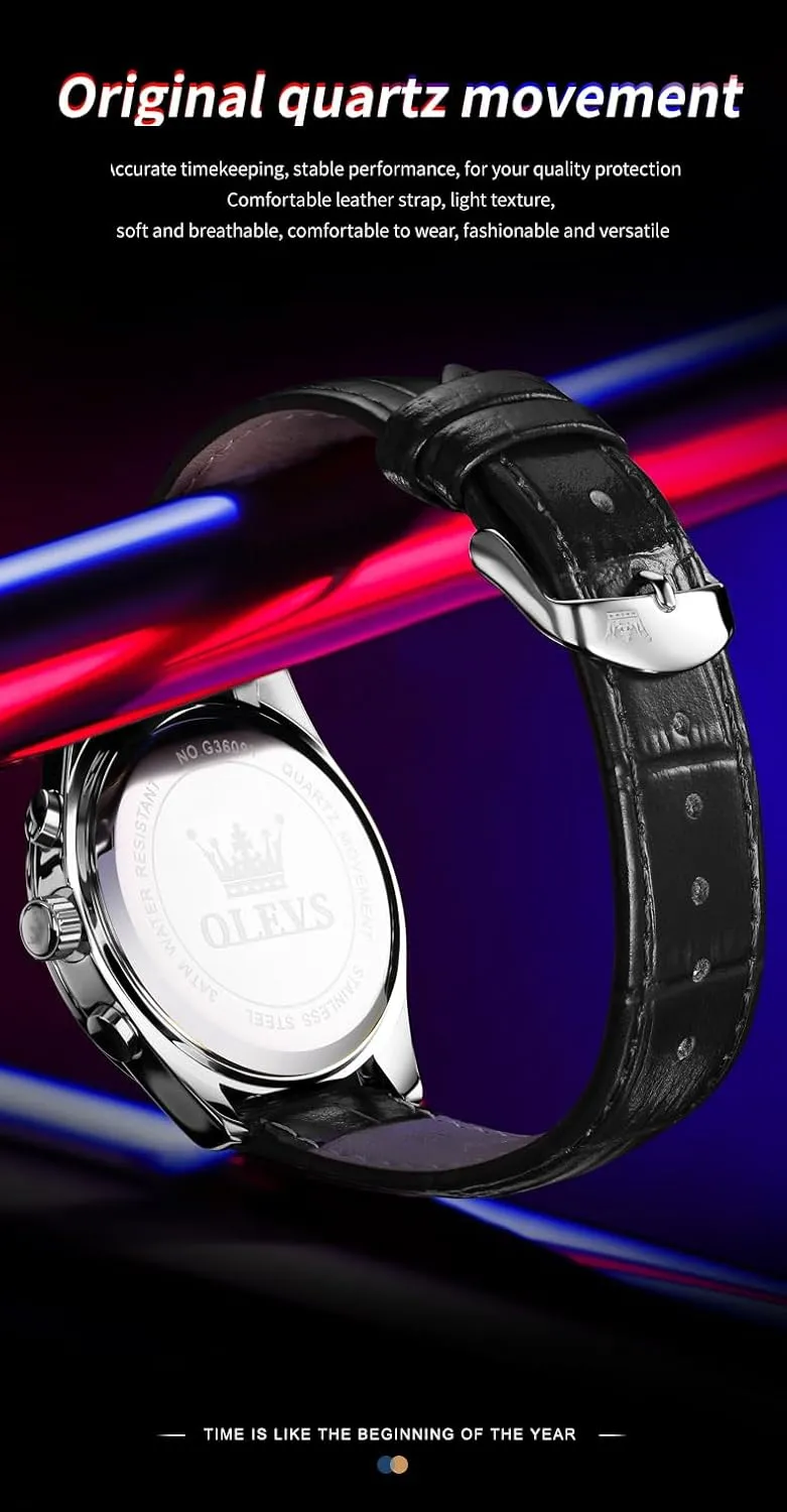 slab Chronograph Wristwatch With Date, Waterproof, Luminous - Dress Style OLEVS Men's Leather Analog Quartz Watch - Luxury 