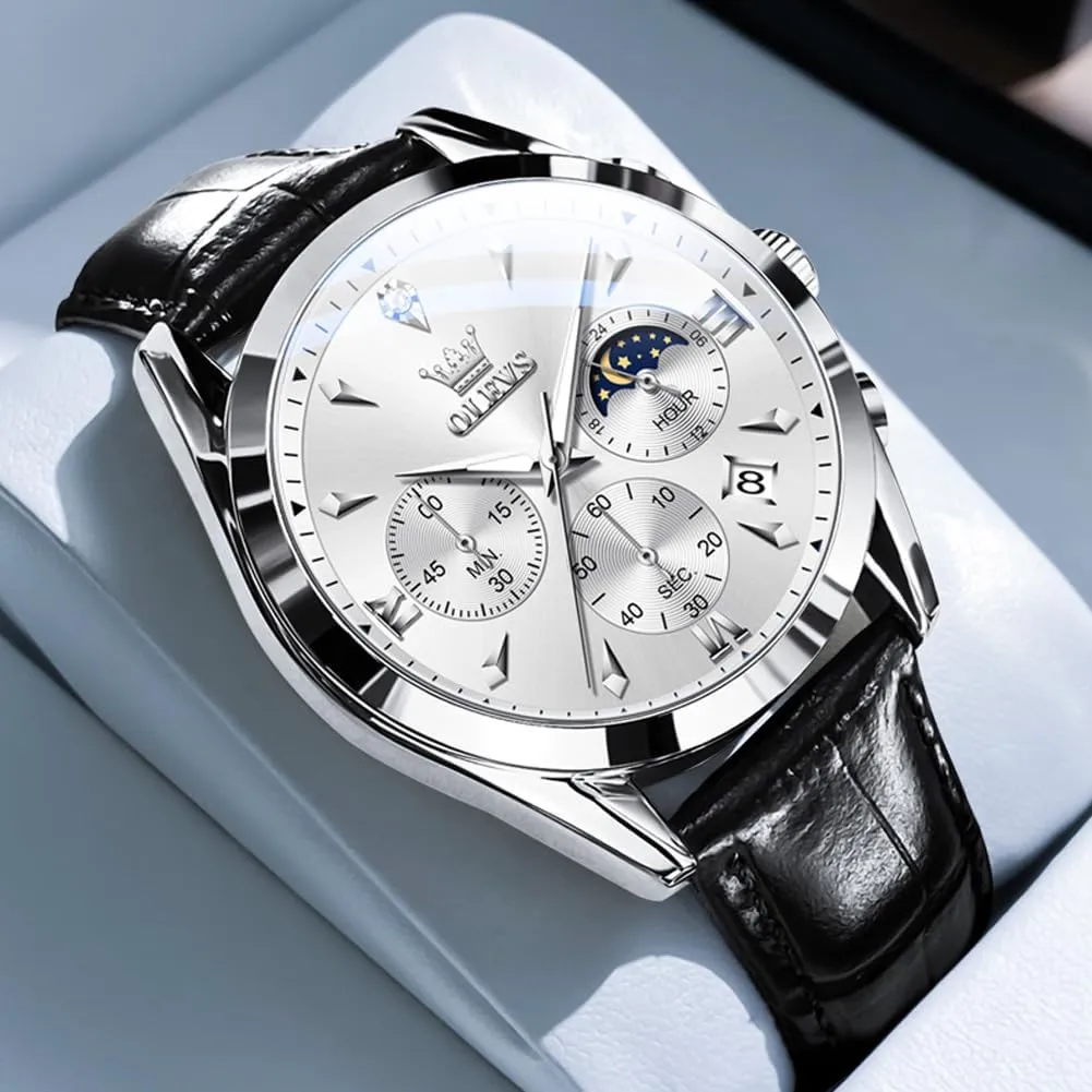 slab Chronograph Wristwatch With Date, Waterproof, Luminous - Dress Style OLEVS Men's Leather Analog Quartz Watch - Luxury 