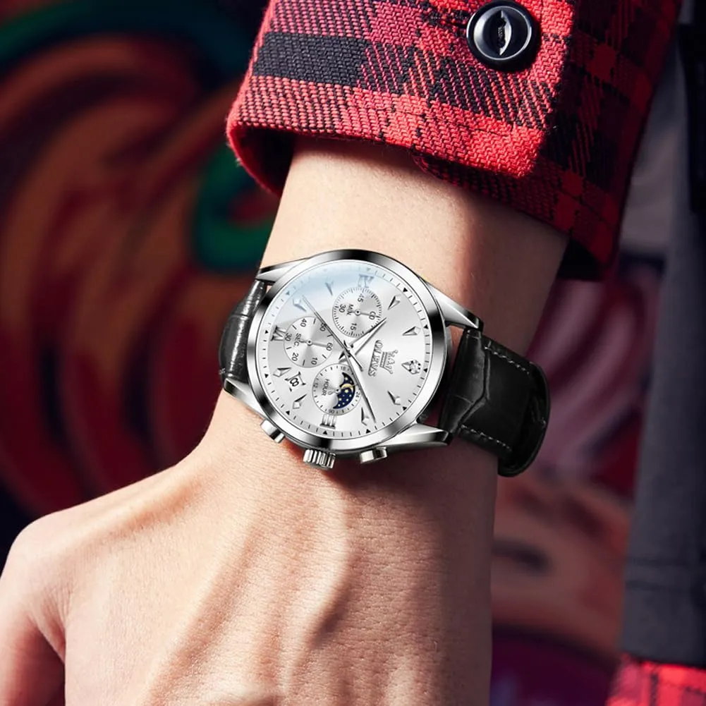 slab Chronograph Wristwatch With Date, Waterproof, Luminous - Dress Style OLEVS Men's Leather Analog Quartz Watch - Luxury 