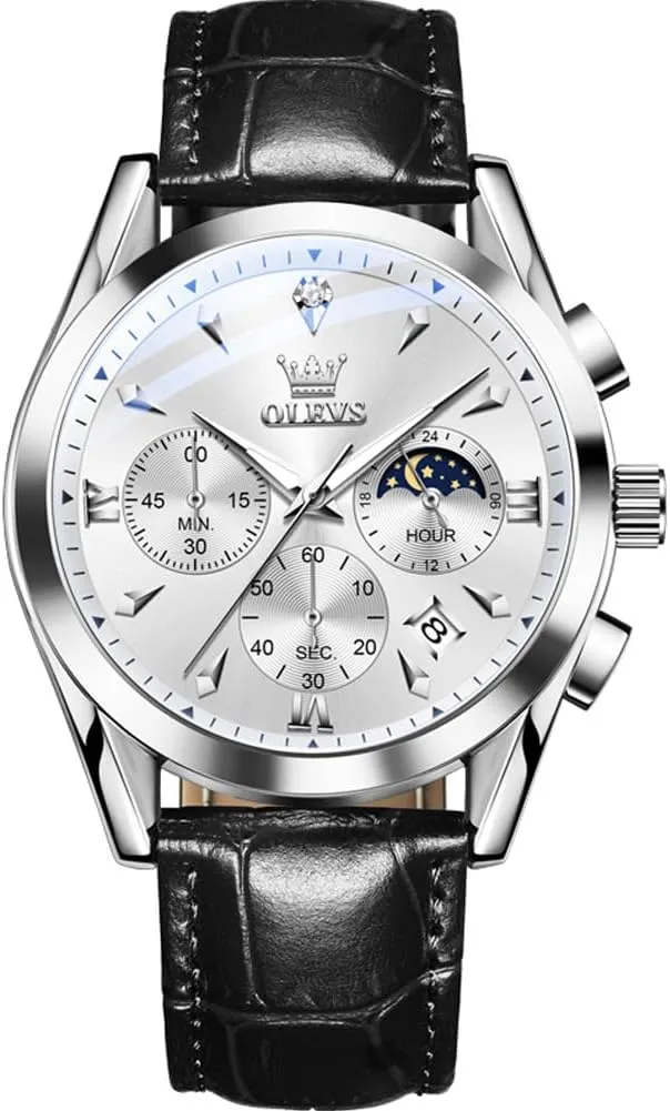 slab Chronograph Wristwatch With Date, Waterproof, Luminous - Dress Style OLEVS Men's Leather Analog Quartz Watch - Luxury 