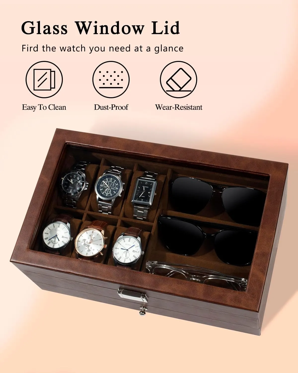 Slot Sunglass Organizer, Watch Cases arsenal recall for men with Real Glass Lid, Watch Organizer storage with Jewelry Case, Birthday for Men and Women, GUKA Watch box, 6 Slot Watch Case, 3 