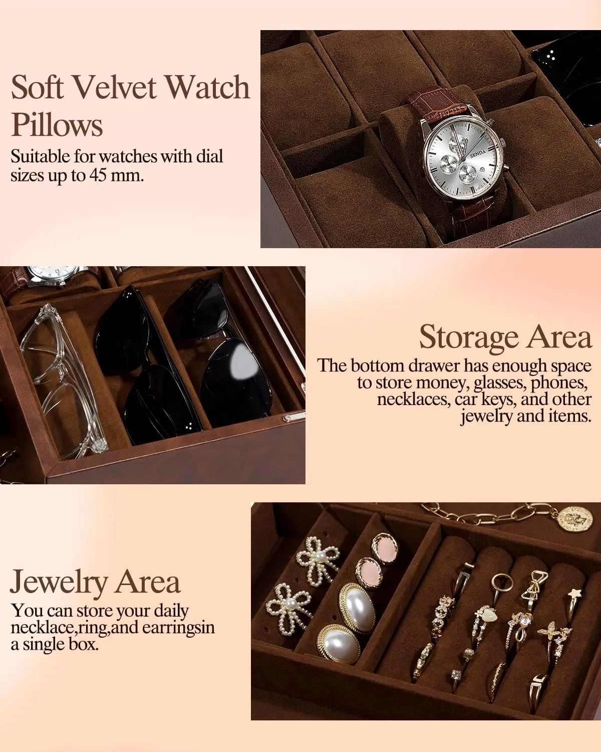 Slot Sunglass Organizer, Watch Cases arsenal recall for men with Real Glass Lid, Watch Organizer storage with Jewelry Case, Birthday for Men and Women, GUKA Watch box, 6 Slot Watch Case, 3 