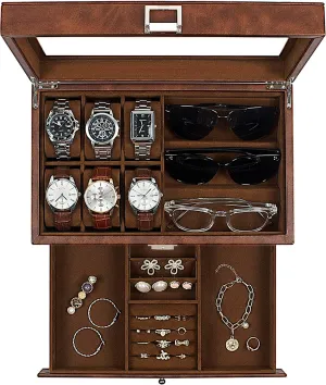 Slot Sunglass Organizer, Watch Cases arsenal recall for men with Real Glass Lid, Watch Organizer storage with Jewelry Case, Birthday for Men and Women, GUKA Watch box, 6 Slot Watch Case, 3 