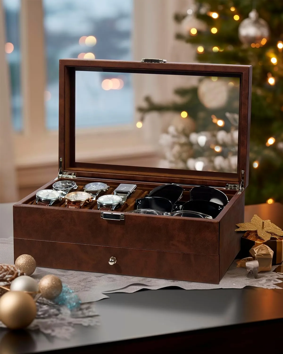 Slot Sunglass Organizer, Watch Cases arsenal recall for men with Real Glass Lid, Watch Organizer storage with Jewelry Case, Birthday for Men and Women, GUKA Watch box, 6 Slot Watch Case, 3 