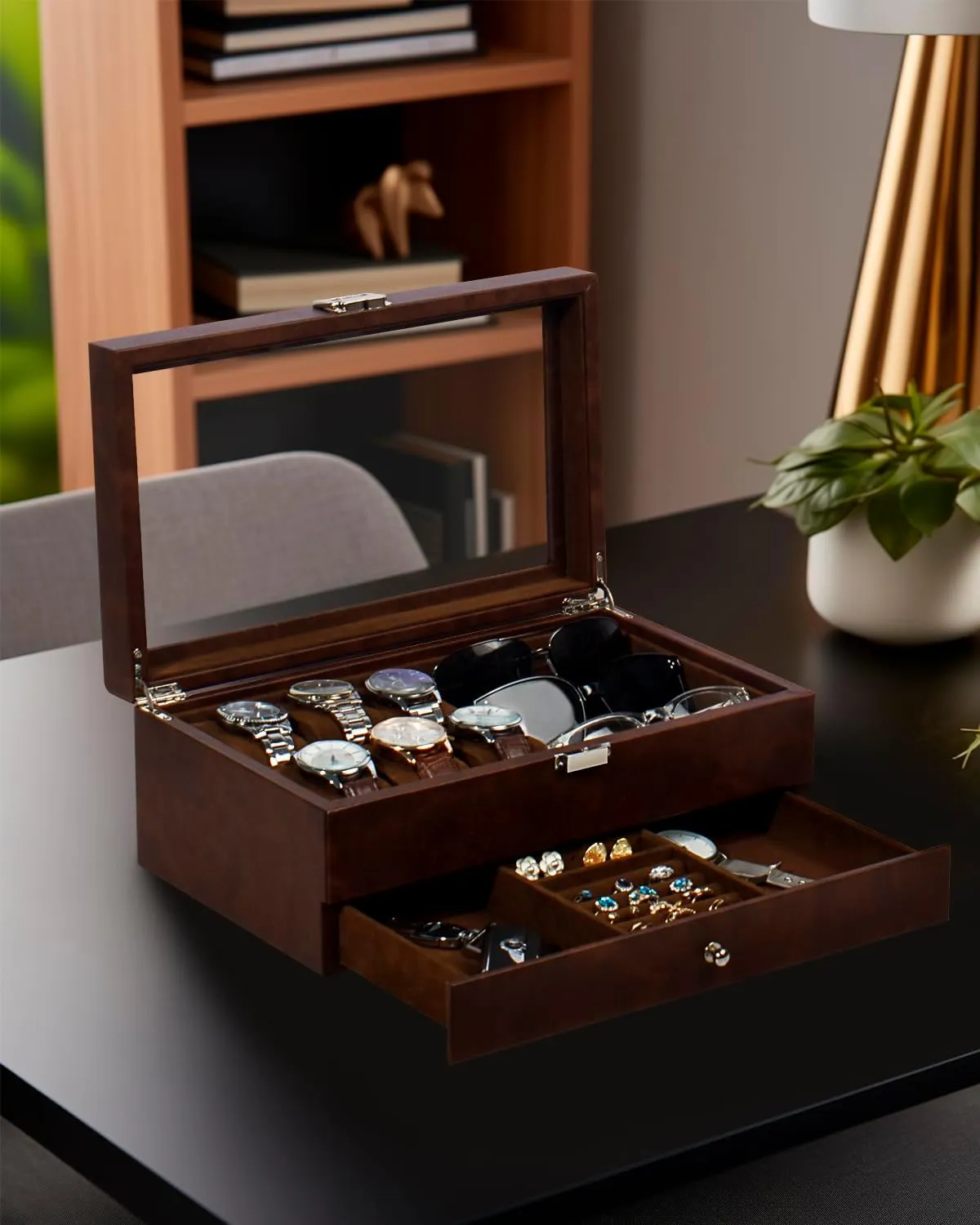 Slot Sunglass Organizer, Watch Cases arsenal recall for men with Real Glass Lid, Watch Organizer storage with Jewelry Case, Birthday for Men and Women, GUKA Watch box, 6 Slot Watch Case, 3 