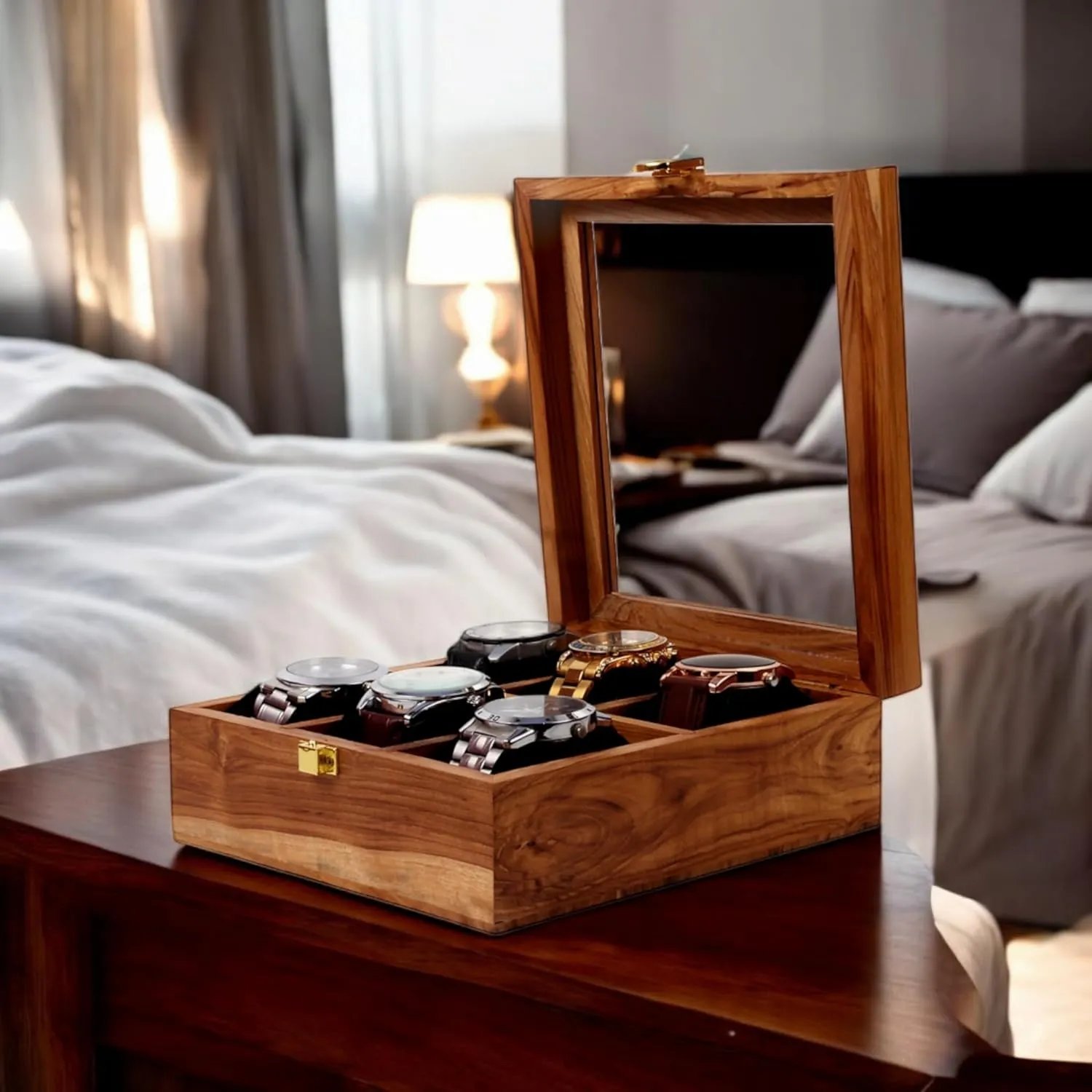 Slots, Comes with Handmade Cushions (6 Slots) Wooden Watch Box, Storage Organizer, Display Case, Jewelry Holder, folk collaborator marvelous Gift for Men & Women - Teakwood Crafted, 4 to 12 