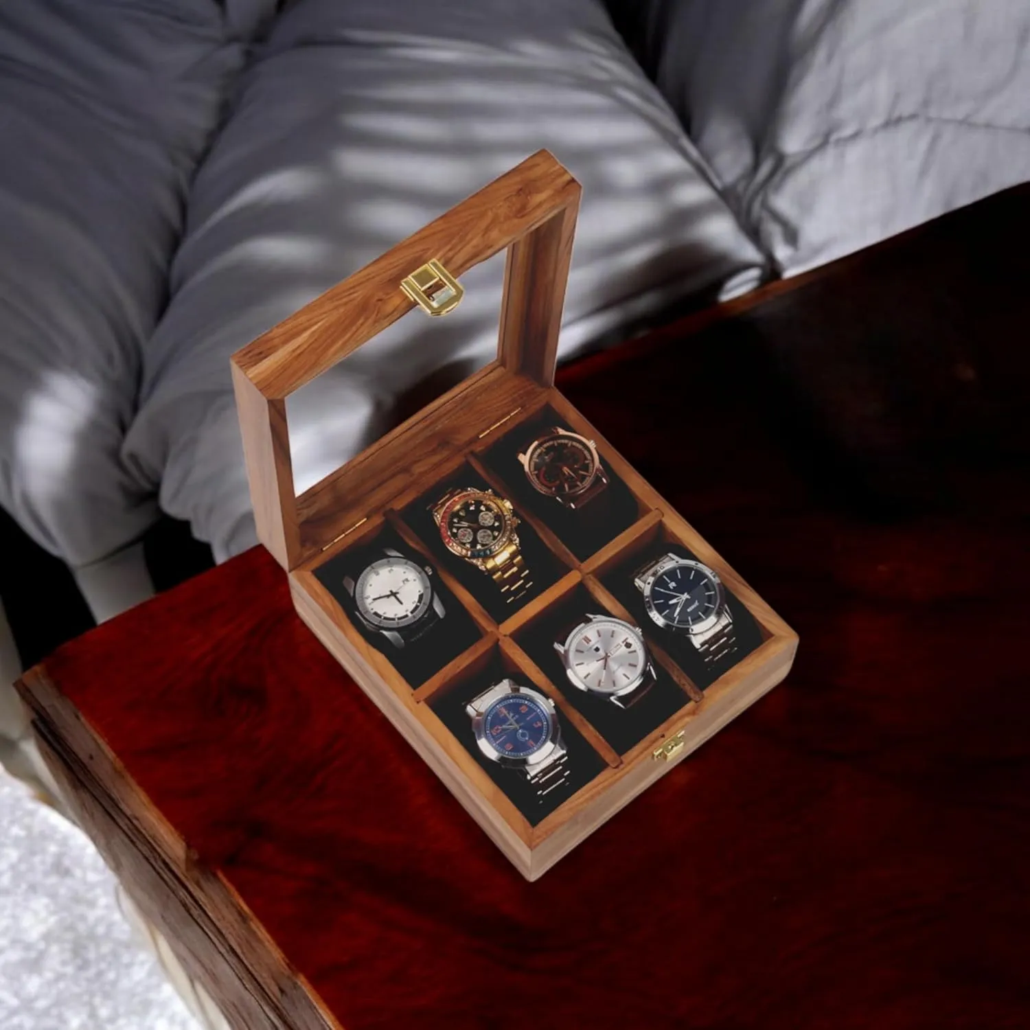 Slots, Comes with Handmade Cushions (6 Slots) Wooden Watch Box, Storage Organizer, Display Case, Jewelry Holder, folk collaborator marvelous Gift for Men & Women - Teakwood Crafted, 4 to 12 