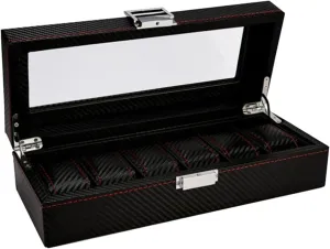 Slots Wood Box Watch Display Case with Glass Top, Carbonized Black Watch Display Organizer Box Watch Box for Men loess Wooden Watch Box Case Organizer Display for Men Women, 6 