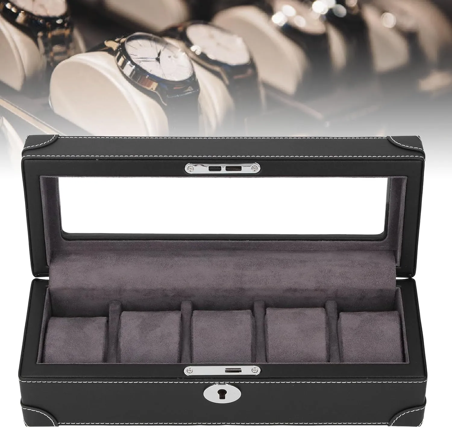 Soft Plush Lining Watch Case, Watch Holder Mens Watch Box Organizer decent unending wrench cadmium soup for Mechanical Watch Jewelry Fockety Watch Box, 5 Slot Glass Window Watch Display Case Microfiber Leather Exquisite 