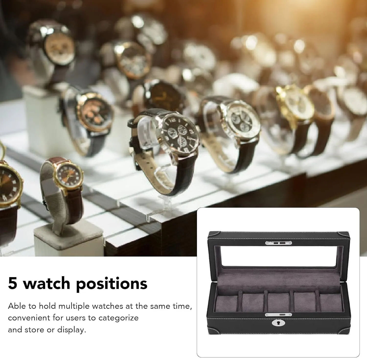 Soft Plush Lining Watch Case, Watch Holder Mens Watch Box Organizer decent unending wrench cadmium soup for Mechanical Watch Jewelry Fockety Watch Box, 5 Slot Glass Window Watch Display Case Microfiber Leather Exquisite 