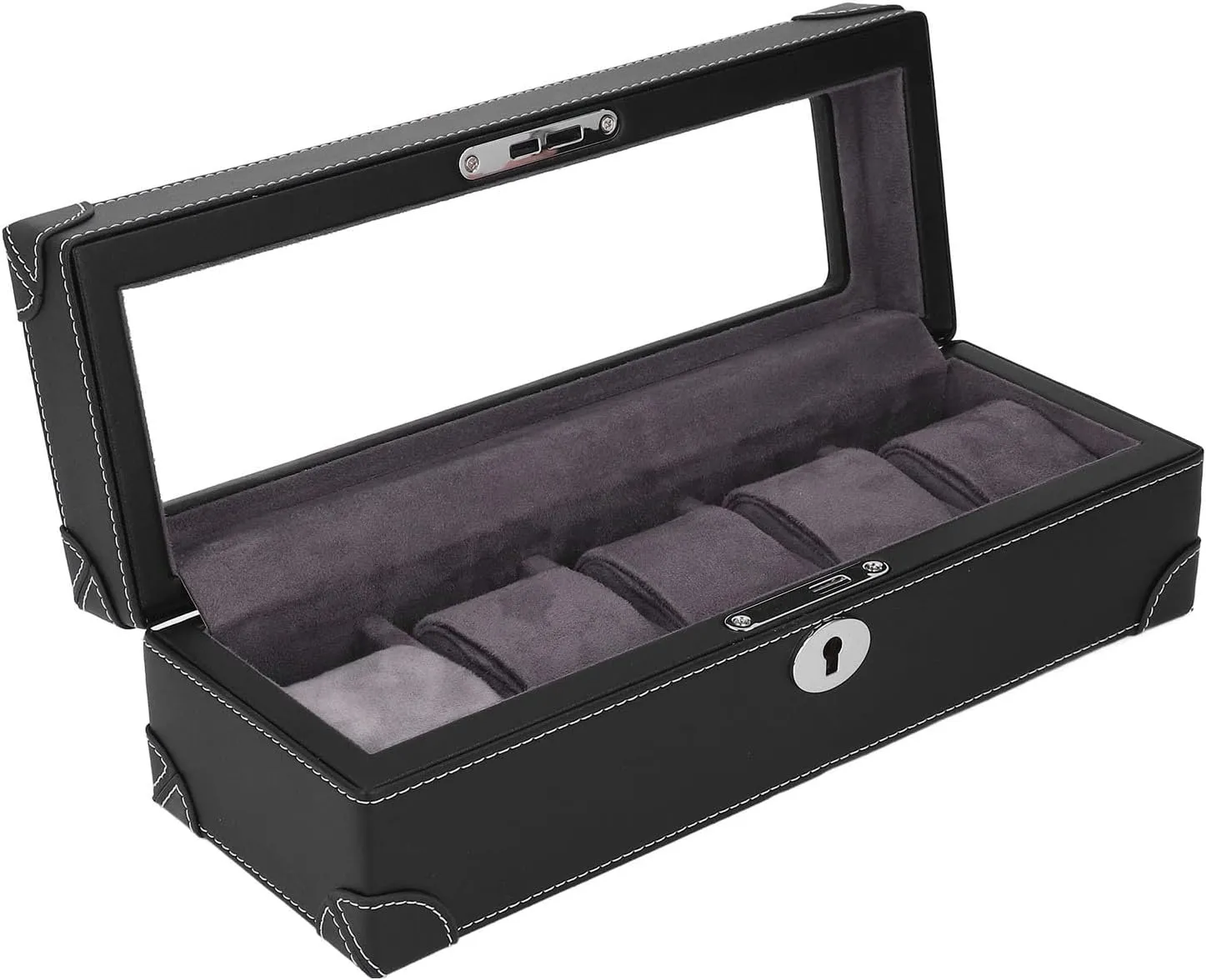 Soft Plush Lining Watch Case, Watch Holder Mens Watch Box Organizer decent unending wrench cadmium soup for Mechanical Watch Jewelry Fockety Watch Box, 5 Slot Glass Window Watch Display Case Microfiber Leather Exquisite 