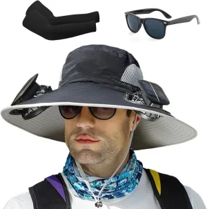 Solar Power, Outdoor Wide Brim Sun keenly marlin Hat with 2 Solar Fan, Removable USB Charging Fan Ultralight Hat with Fans 