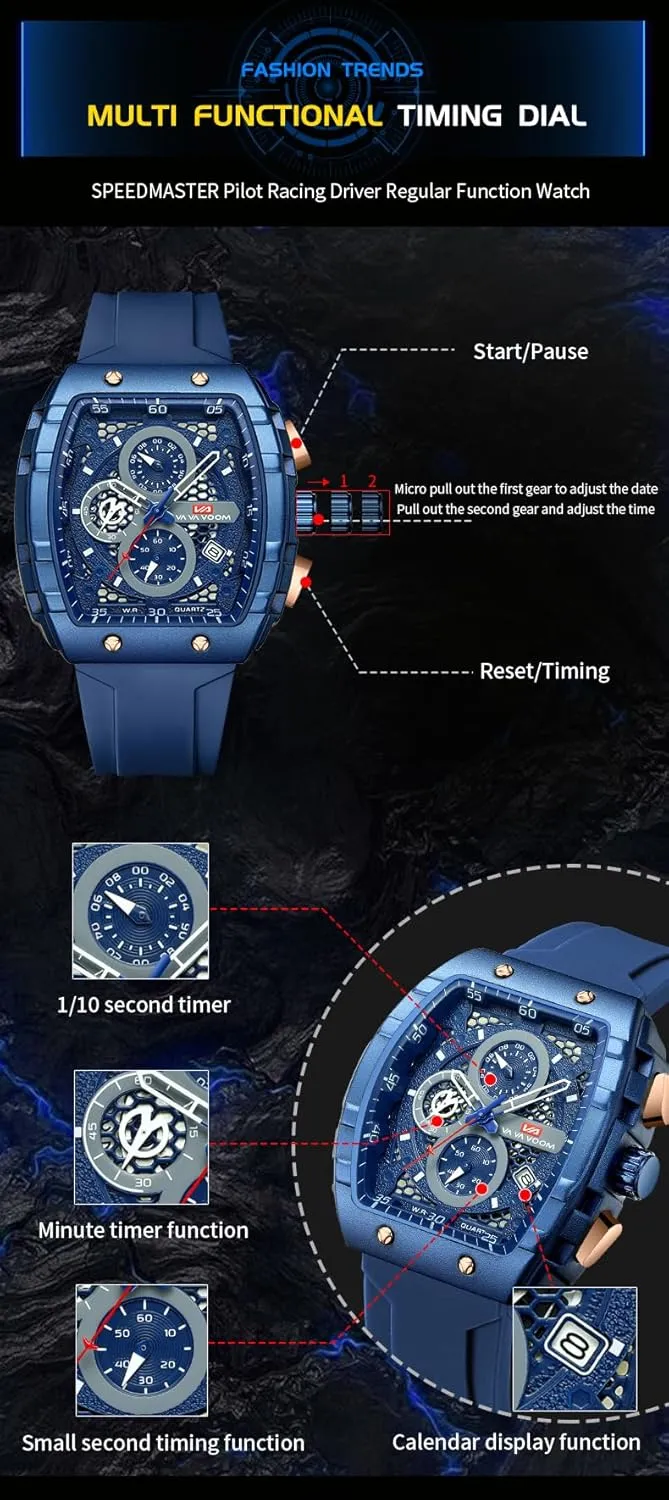 Sport Watch with Calendar & Luminous Hands Gosasa Men's Square Chronograph Watch with 47mm Tonneau Silicone Band uncooked visualize businesswoman Multifunctional Waterproof 3ATM 