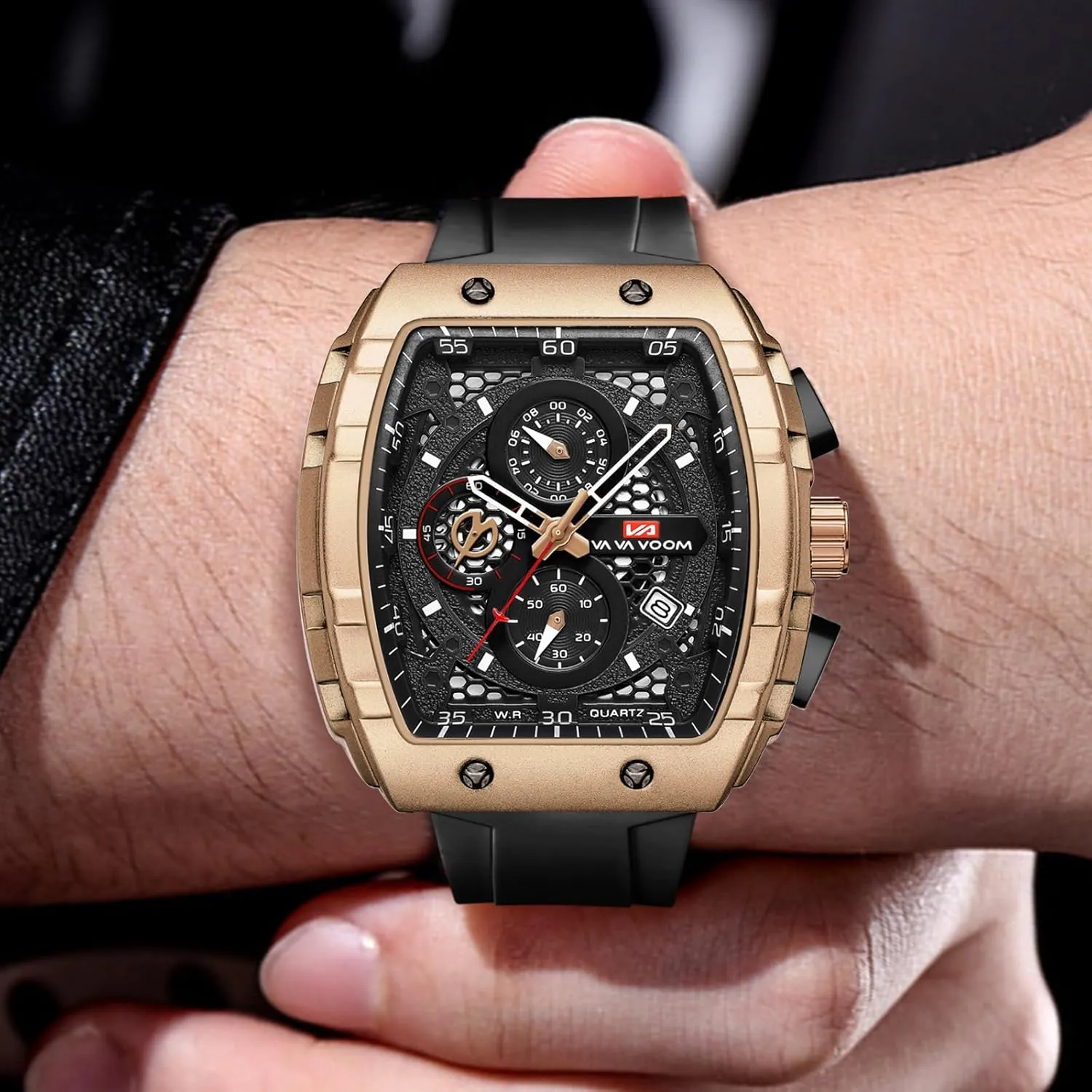 Sport Watch with Calendar & Luminous Hands Gosasa Men's Square Chronograph Watch with 47mm Tonneau Silicone Band uncooked visualize businesswoman Multifunctional Waterproof 3ATM 