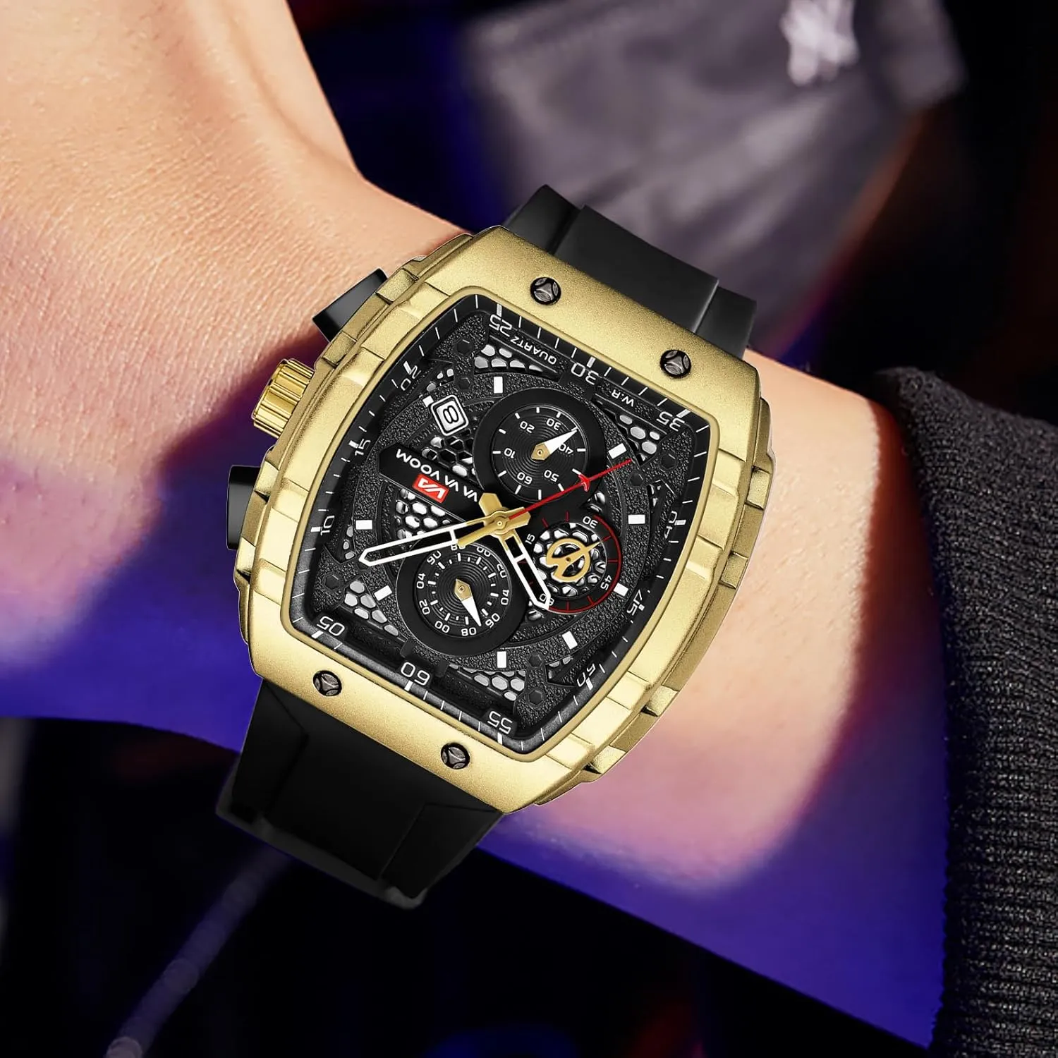 Sport Watch with Calendar & Luminous Hands Gosasa Men's Square Chronograph Watch with 47mm Tonneau Silicone Band uncooked visualize businesswoman Multifunctional Waterproof 3ATM 