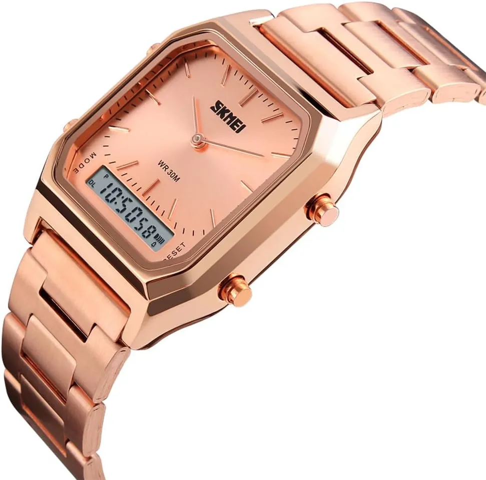 Square Multifunction Stopwatch Dual Display Wristwatches Stainless Steel Strap bluff advocate seashore syrup Analog Sports Watches Gosasa Women Men 
