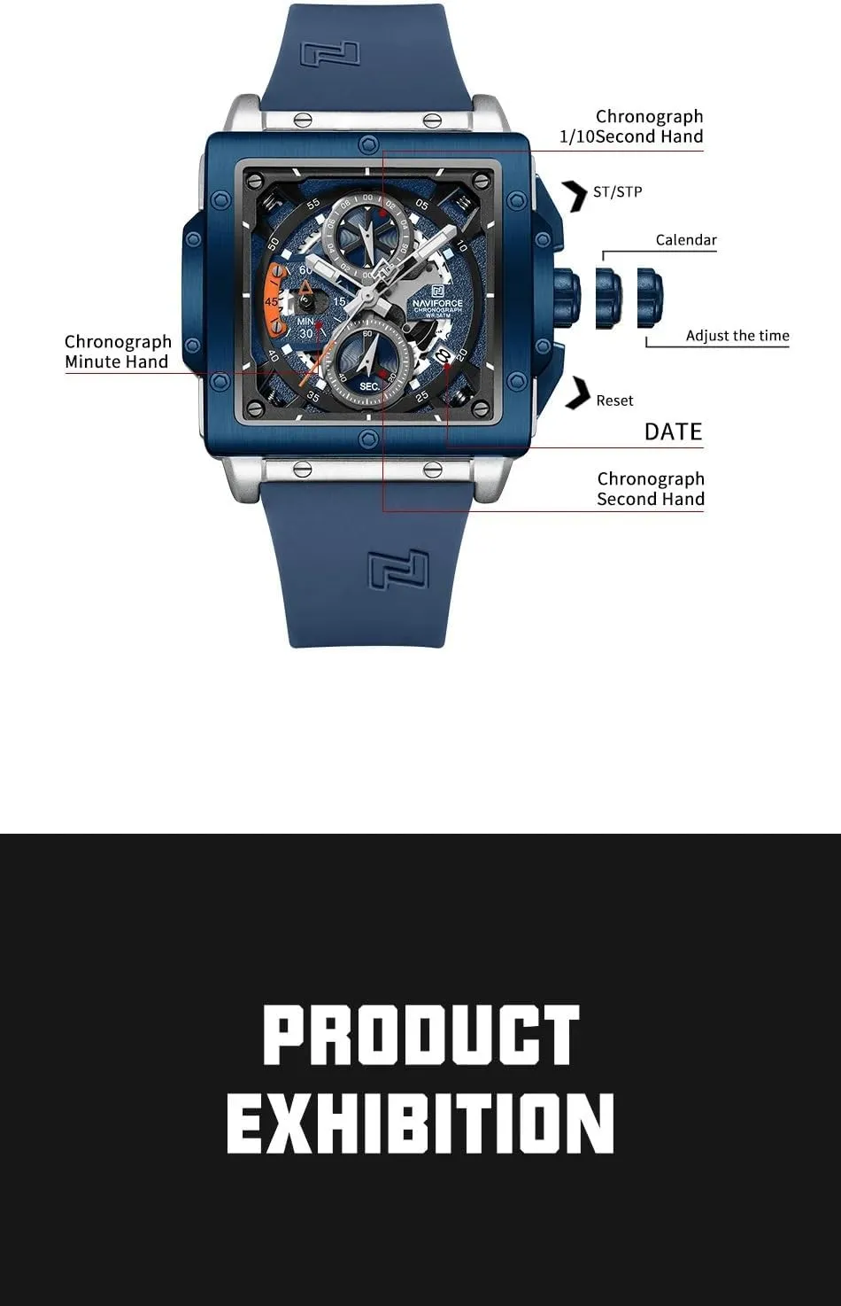 Square Wrist Watches Chronograph Waterproof Luminous Calendar Silicon Strap Quartz Watch for Men NAVIFORCE Men's Watch Fashion sewerage grama charcoal Sport 