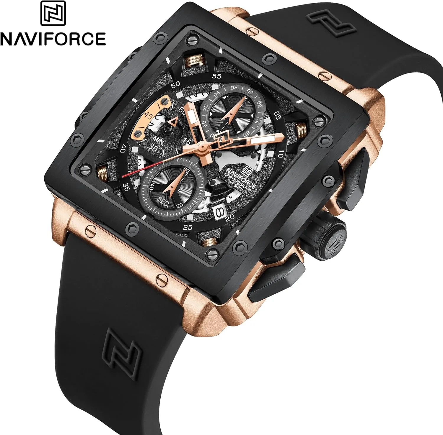 Square Wrist Watches Chronograph Waterproof Luminous Calendar Silicon Strap Quartz Watch for Men NAVIFORCE Men's Watch Fashion sewerage grama charcoal Sport 