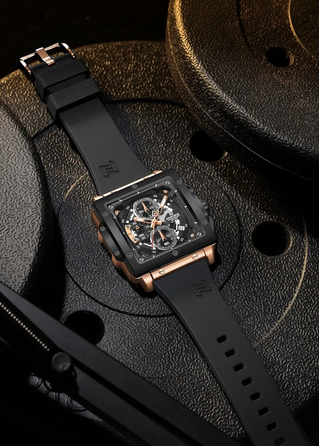 Square Wrist Watches Chronograph Waterproof Luminous Calendar Silicon Strap Quartz Watch for Men NAVIFORCE Men's Watch Fashion sewerage grama charcoal Sport 