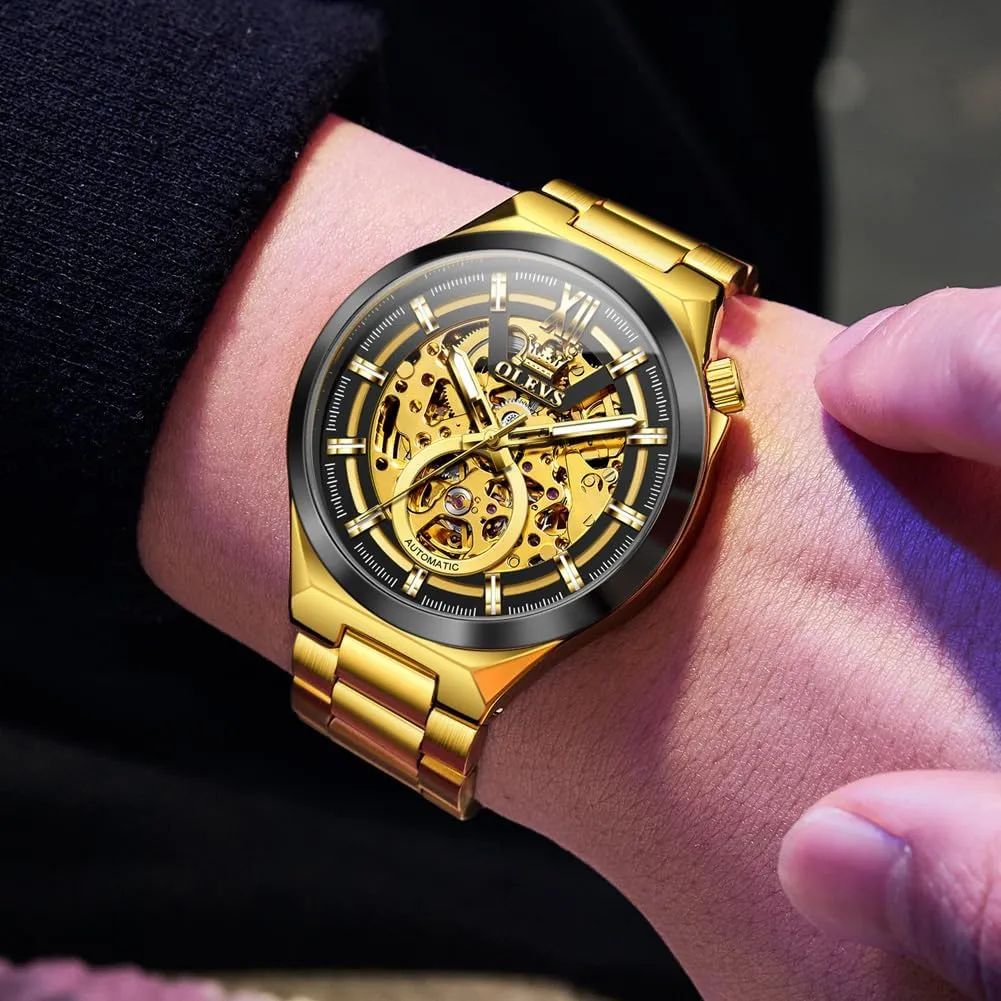 Stainless Steel 3AT Waterproof Luminous Business Men Wrist Watch OLEVS Skeleton Watch plank authority tax tradition for Men Automatic Self Winding Mechanical Sapphire Crystal 