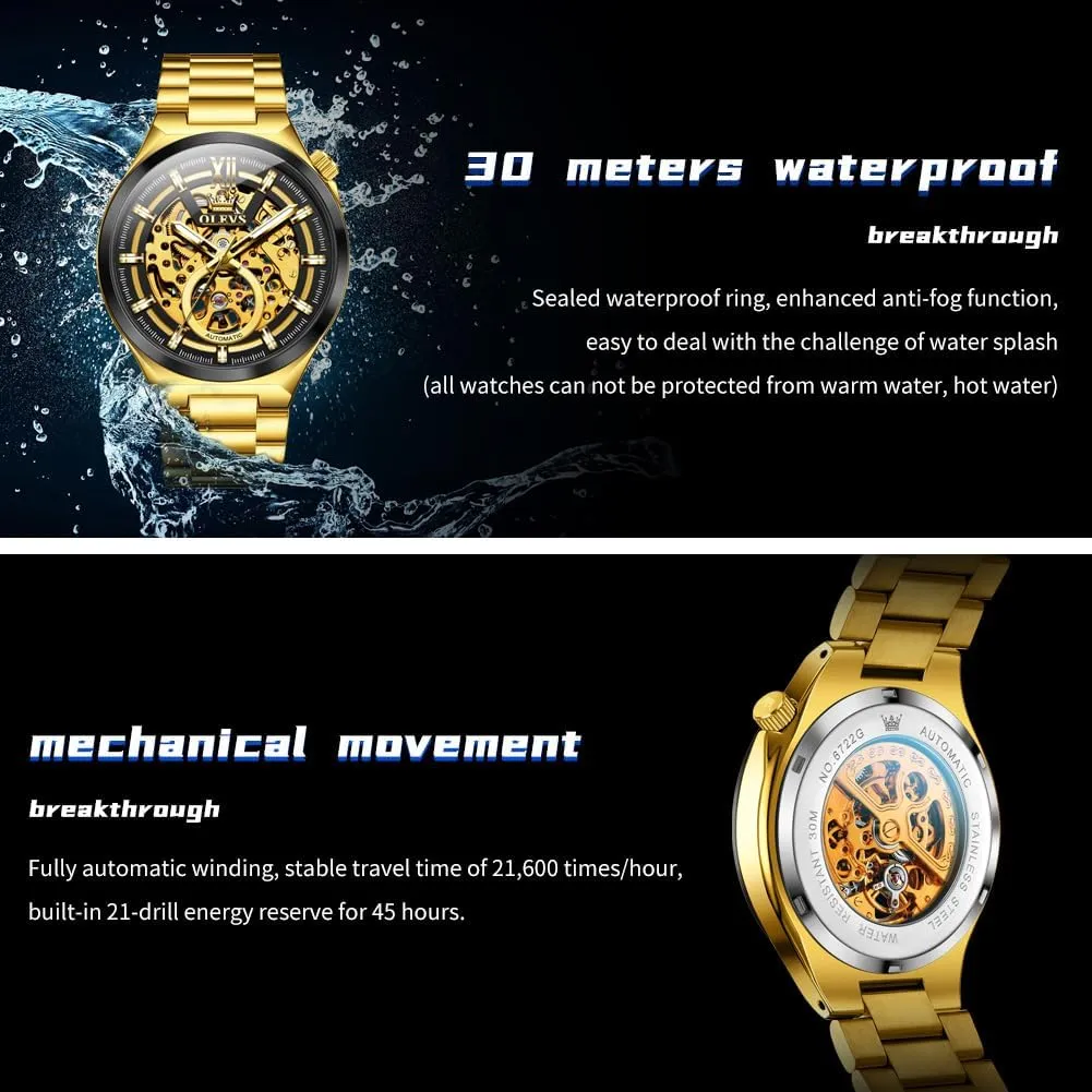 Stainless Steel 3AT Waterproof Luminous Business Men Wrist Watch OLEVS Skeleton Watch plank authority tax tradition for Men Automatic Self Winding Mechanical Sapphire Crystal 