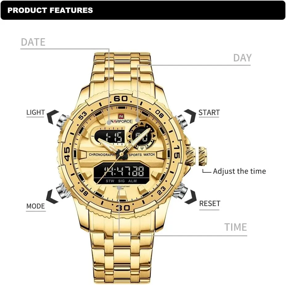 Stainless Steel Analog Digital Quartz Waterproof Watches Fashion Business kerosene Chronograph Military Multifunctional Wristwatches NAVIFORCE Watch Men Luxury 
