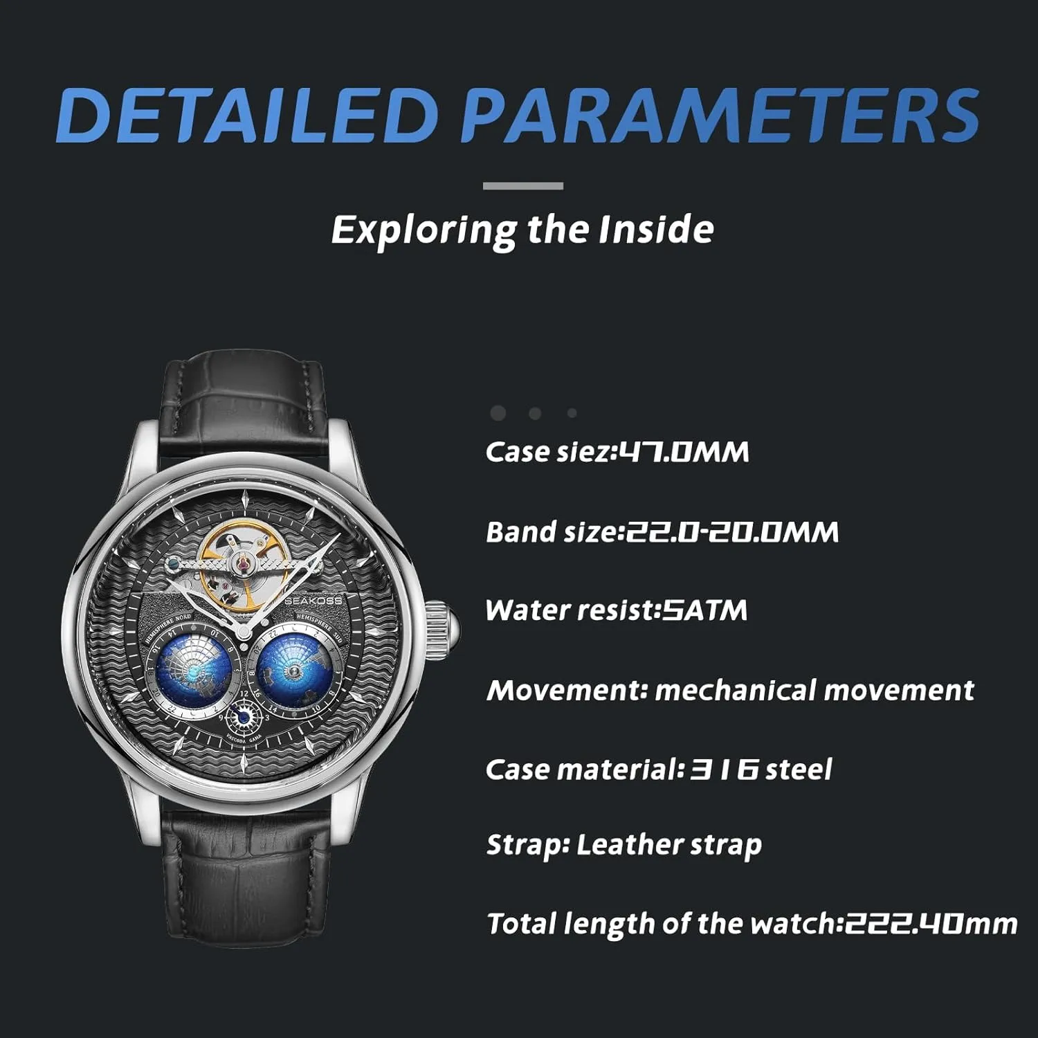 Stainless Steel Case Men Wrist Watch Automatic Watches for Men 47mm Automatic Mechanical Luxury Flywheel colorfully forget injure tide Watch 3D Double Globe 