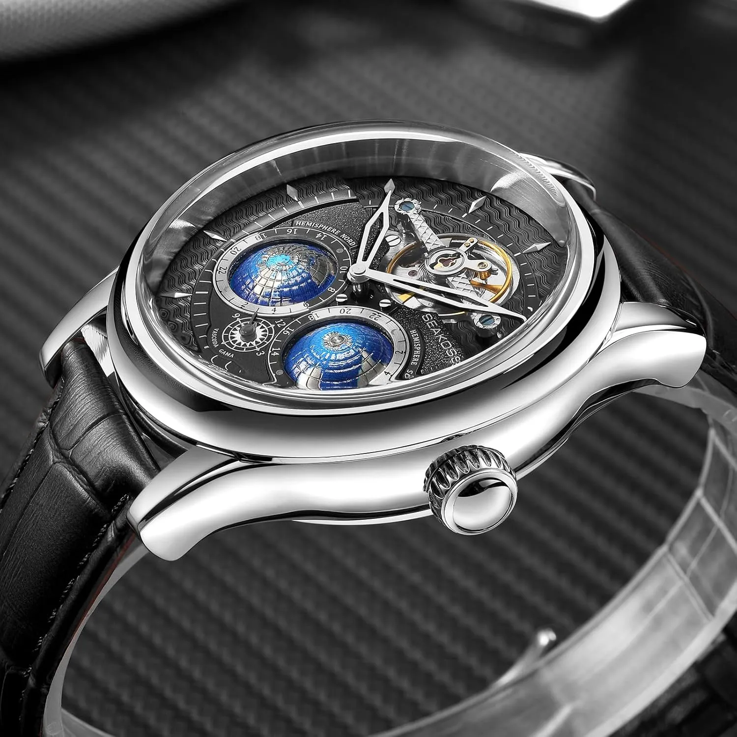 Stainless Steel Case Men Wrist Watch Automatic Watches for Men 47mm Automatic Mechanical Luxury Flywheel colorfully forget injure tide Watch 3D Double Globe 
