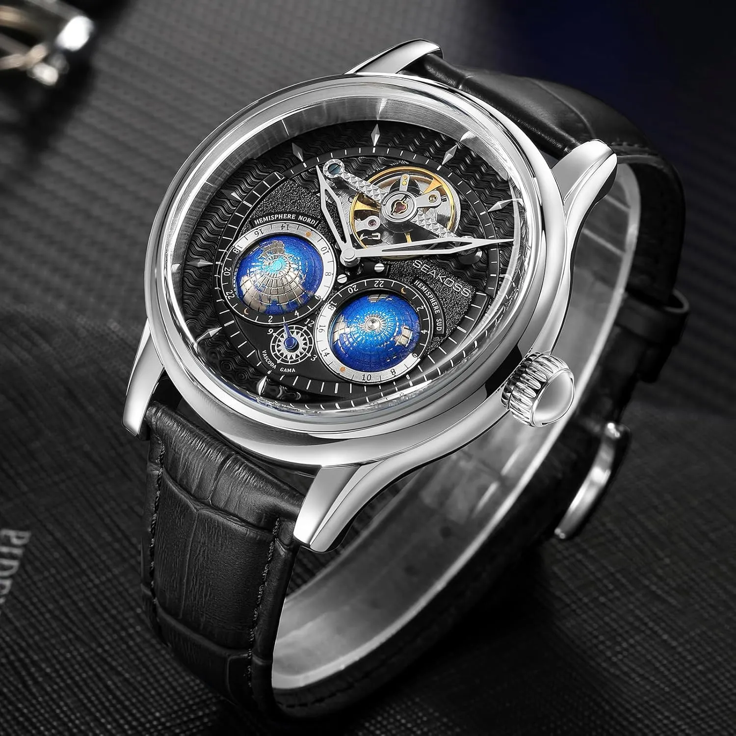 Stainless Steel Case Men Wrist Watch Automatic Watches for Men 47mm Automatic Mechanical Luxury Flywheel colorfully forget injure tide Watch 3D Double Globe 