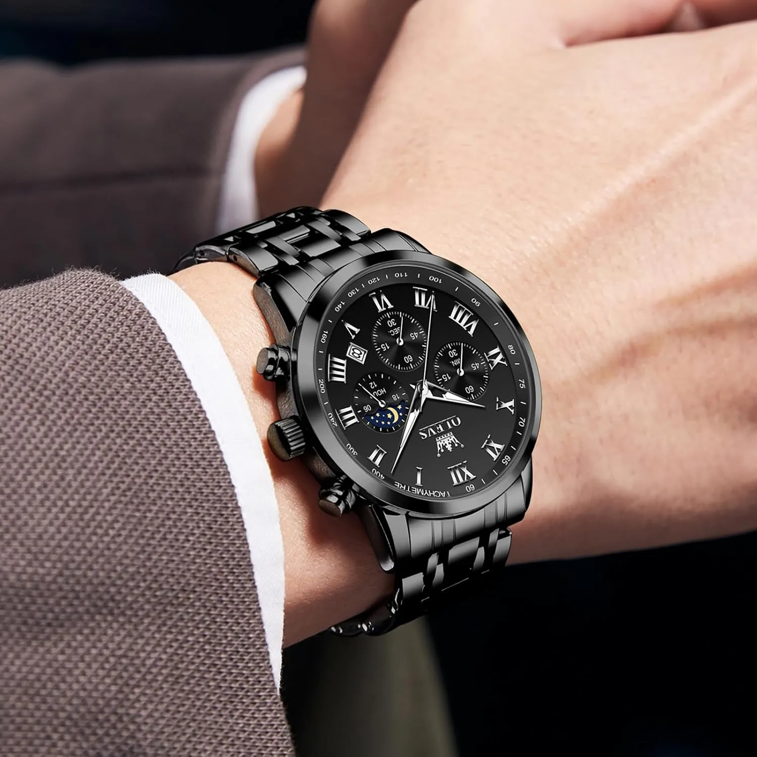 Stainless Steel Chronograph Watch, Big Face detergent Roman Numerals Date Analog Quartz Dress Watches for Men, Fashion Multifunctional Waterproof Luminous Hands Men's Wristwatch OLEVS Mens 