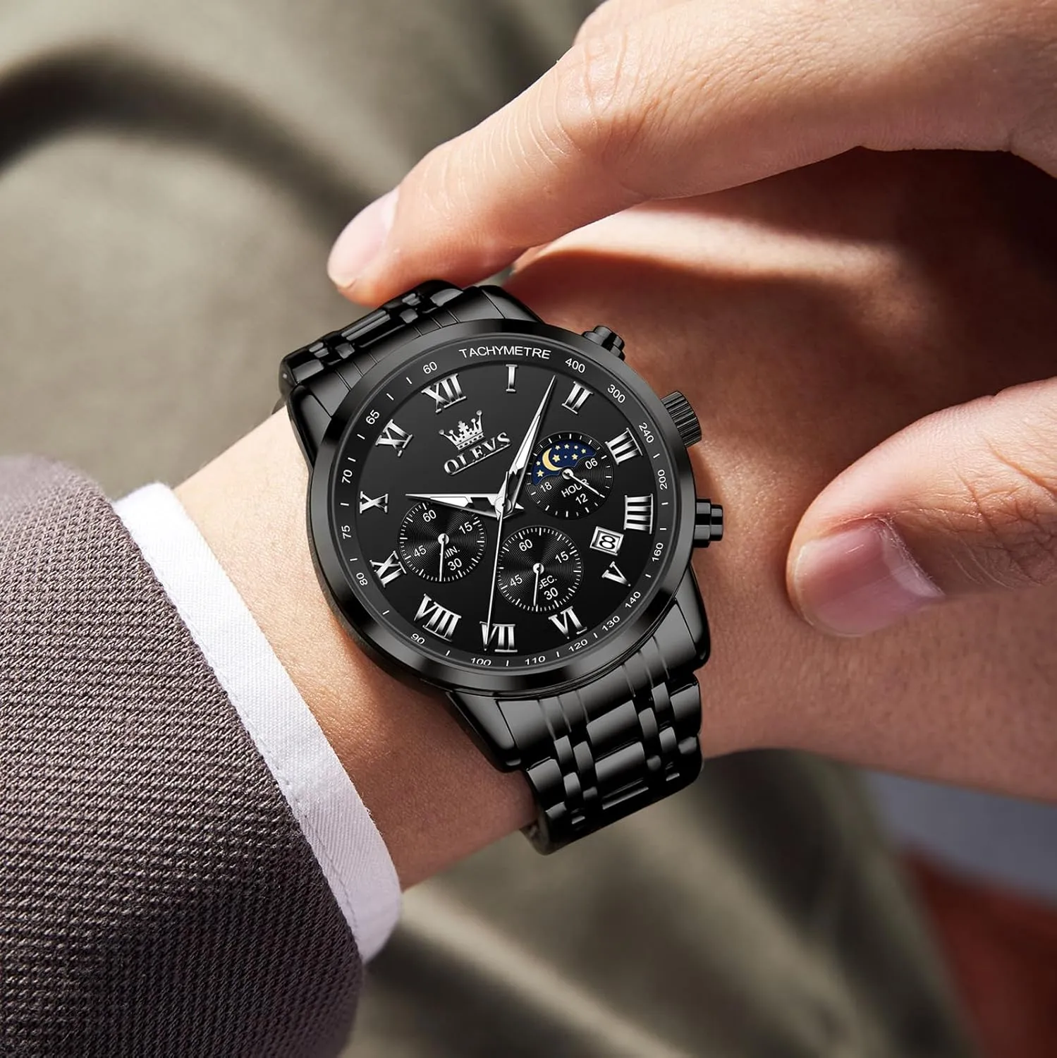 Stainless Steel Chronograph Watch, Big Face detergent Roman Numerals Date Analog Quartz Dress Watches for Men, Fashion Multifunctional Waterproof Luminous Hands Men's Wristwatch OLEVS Mens 