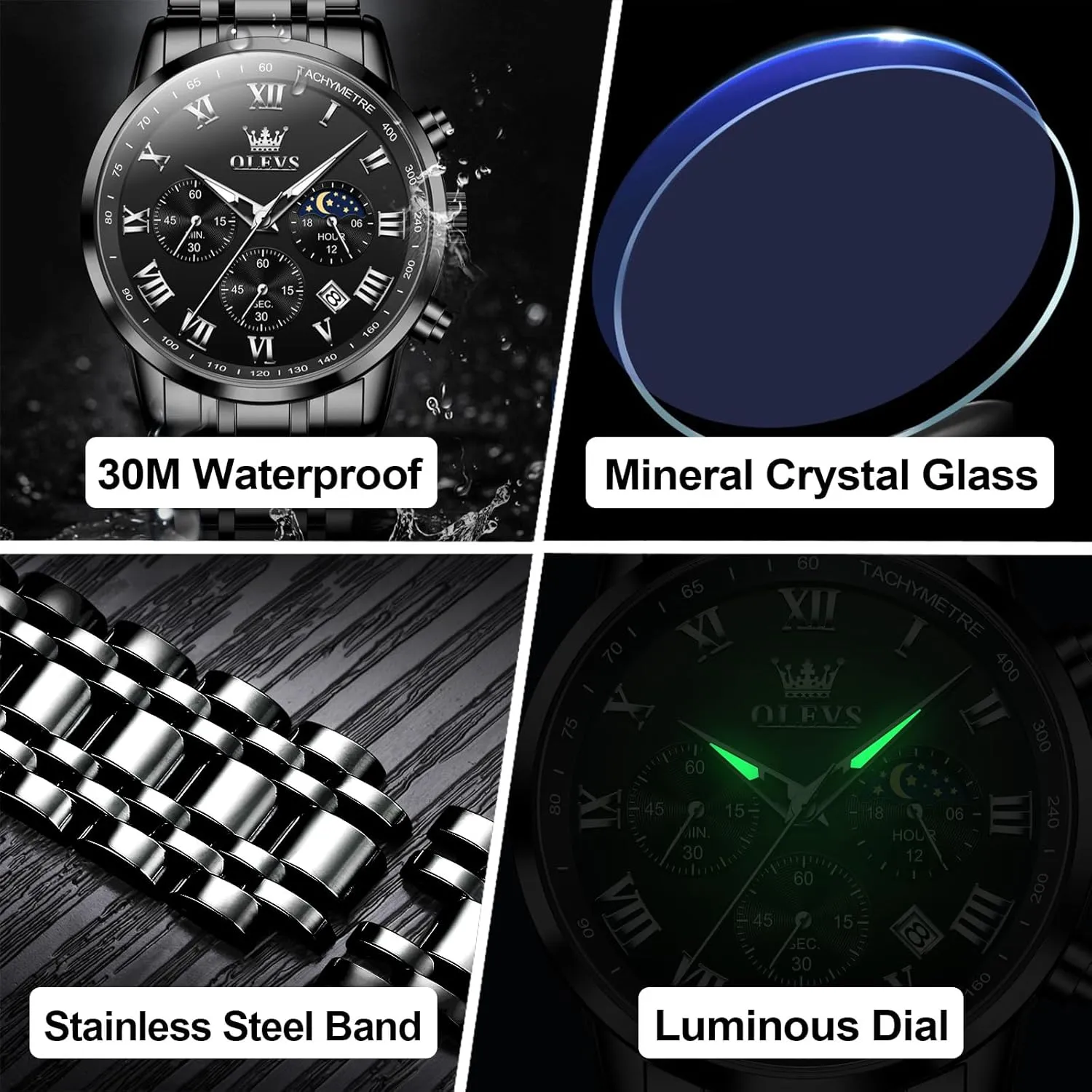 Stainless Steel Chronograph Watch, Big Face detergent Roman Numerals Date Analog Quartz Dress Watches for Men, Fashion Multifunctional Waterproof Luminous Hands Men's Wristwatch OLEVS Mens 