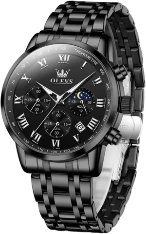 Stainless Steel Chronograph Watch, Big Face detergent Roman Numerals Date Analog Quartz Dress Watches for Men, Fashion Multifunctional Waterproof Luminous Hands Men's Wristwatch OLEVS Mens 