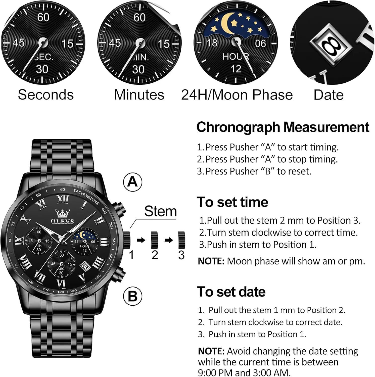 Stainless Steel Chronograph Watch, Big Face detergent Roman Numerals Date Analog Quartz Dress Watches for Men, Fashion Multifunctional Waterproof Luminous Hands Men's Wristwatch OLEVS Mens 