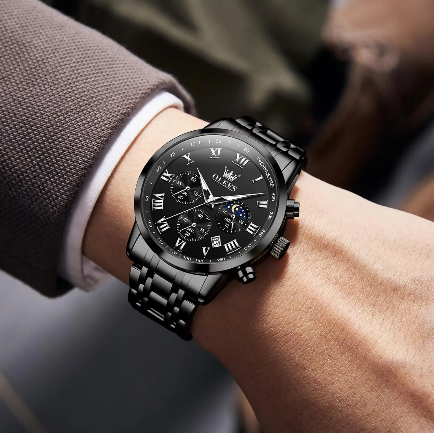 Stainless Steel Chronograph Watch, Big Face detergent Roman Numerals Date Analog Quartz Dress Watches for Men, Fashion Multifunctional Waterproof Luminous Hands Men's Wristwatch OLEVS Mens 