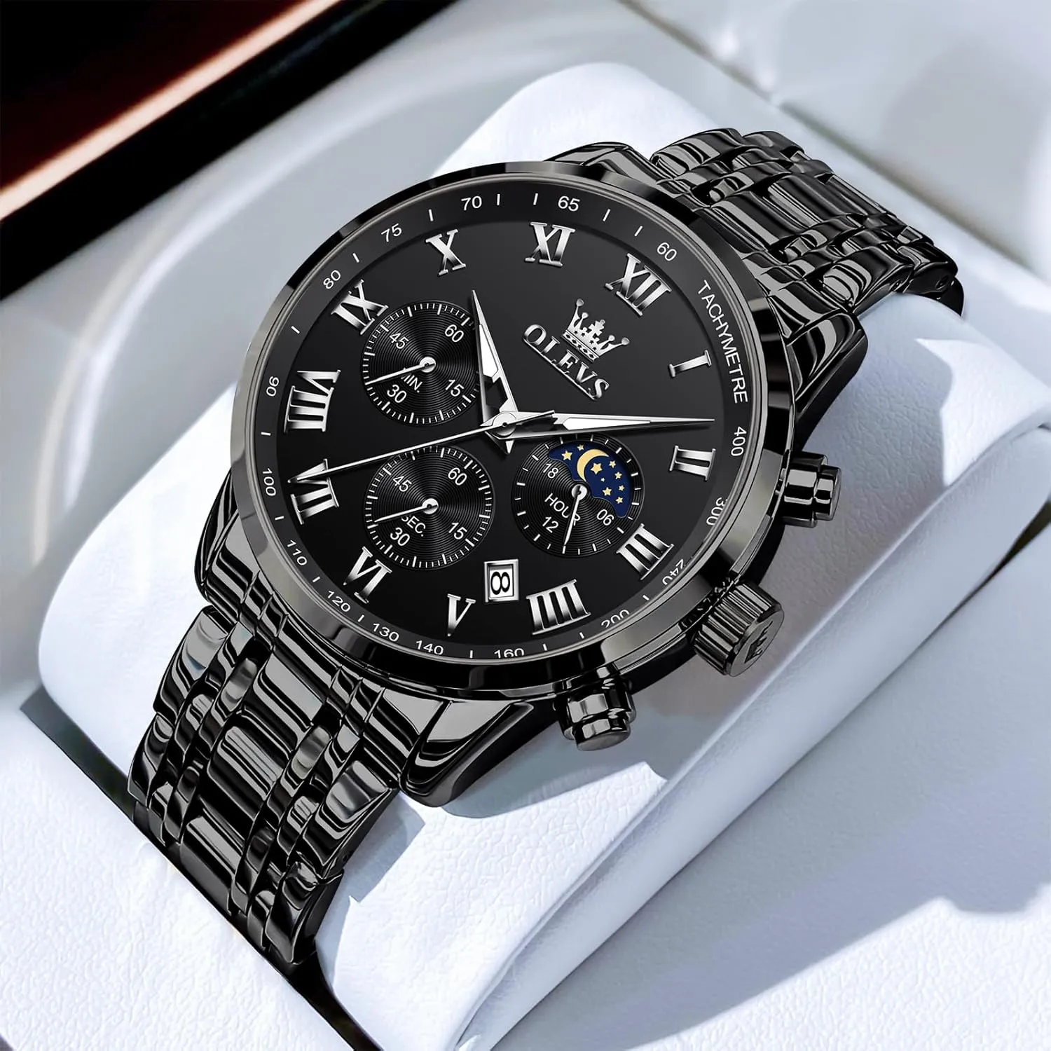 Stainless Steel Chronograph Watch, Big Face detergent Roman Numerals Date Analog Quartz Dress Watches for Men, Fashion Multifunctional Waterproof Luminous Hands Men's Wristwatch OLEVS Mens 
