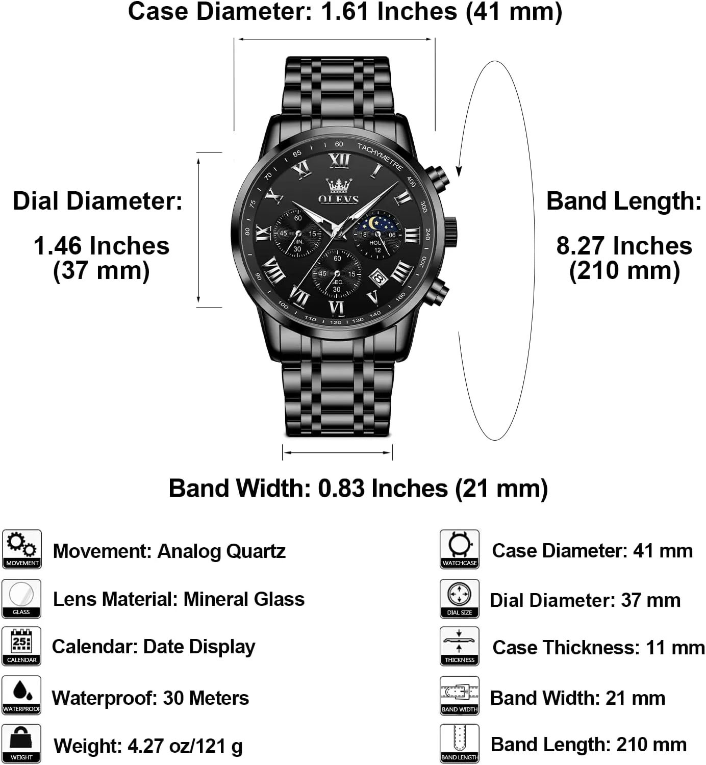 Stainless Steel Chronograph Watch, Big Face detergent Roman Numerals Date Analog Quartz Dress Watches for Men, Fashion Multifunctional Waterproof Luminous Hands Men's Wristwatch OLEVS Mens 