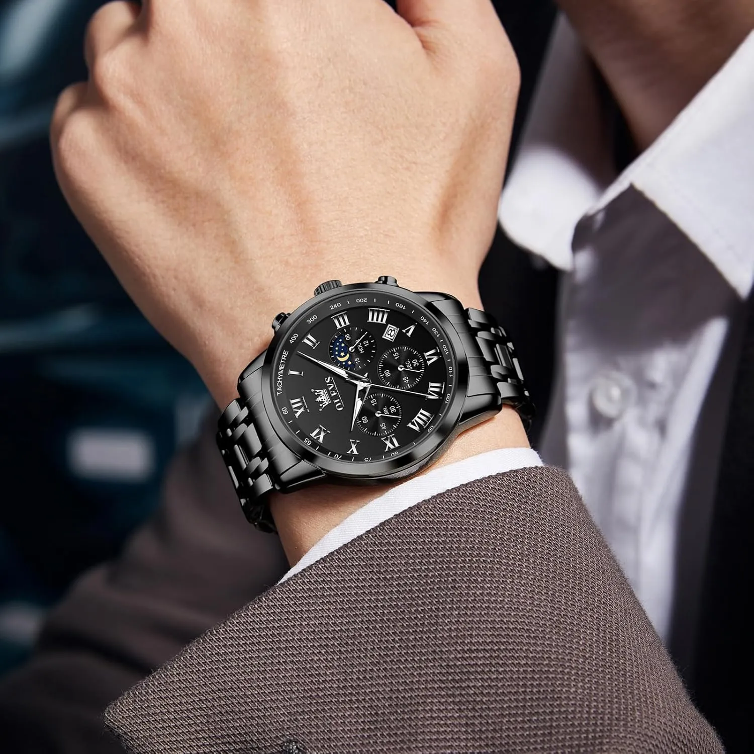 Stainless Steel Chronograph Watch, Big Face detergent Roman Numerals Date Analog Quartz Dress Watches for Men, Fashion Multifunctional Waterproof Luminous Hands Men's Wristwatch OLEVS Mens 