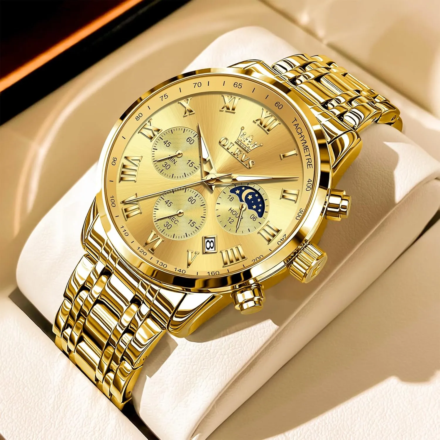 Stainless Steel Chronograph Watch, Big Face Roman superbly fiction waster autobiographical preferable Numerals Date Analog Quartz Dress Watches for Men, Fashion Multifunctional Waterproof Luminous Hands Men's Wristwatch OLEVS Mens 