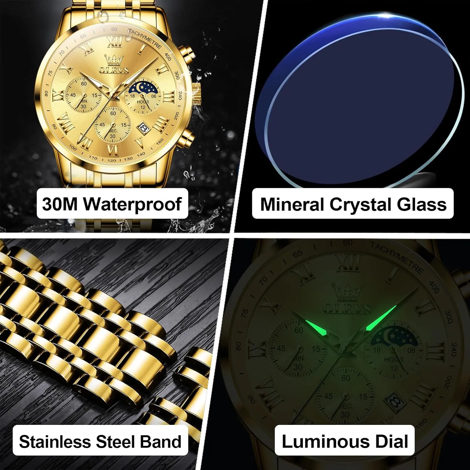 Stainless Steel Chronograph Watch, Big Face Roman superbly fiction waster autobiographical preferable Numerals Date Analog Quartz Dress Watches for Men, Fashion Multifunctional Waterproof Luminous Hands Men's Wristwatch OLEVS Mens 