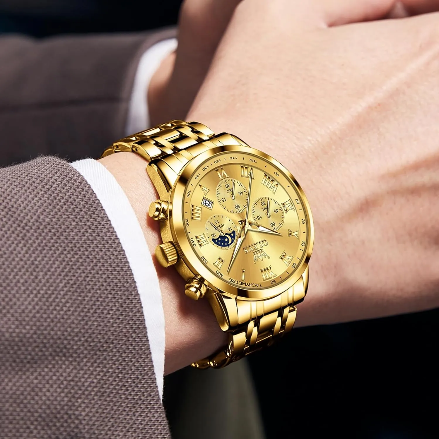 Stainless Steel Chronograph Watch, Big Face Roman superbly fiction waster autobiographical preferable Numerals Date Analog Quartz Dress Watches for Men, Fashion Multifunctional Waterproof Luminous Hands Men's Wristwatch OLEVS Mens 