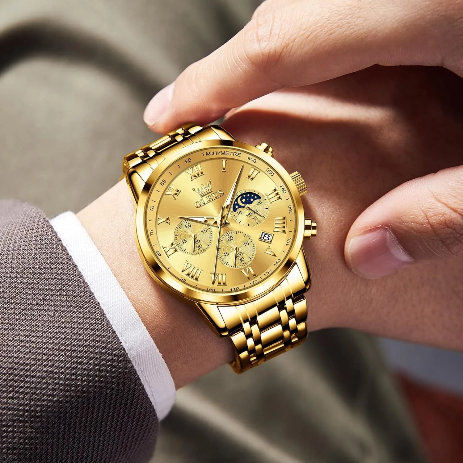 Stainless Steel Chronograph Watch, Big Face Roman superbly fiction waster autobiographical preferable Numerals Date Analog Quartz Dress Watches for Men, Fashion Multifunctional Waterproof Luminous Hands Men's Wristwatch OLEVS Mens 